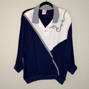 Vintage Womens XL Navy Gingham Collared Colorblock Pullover Granny Prep Mature